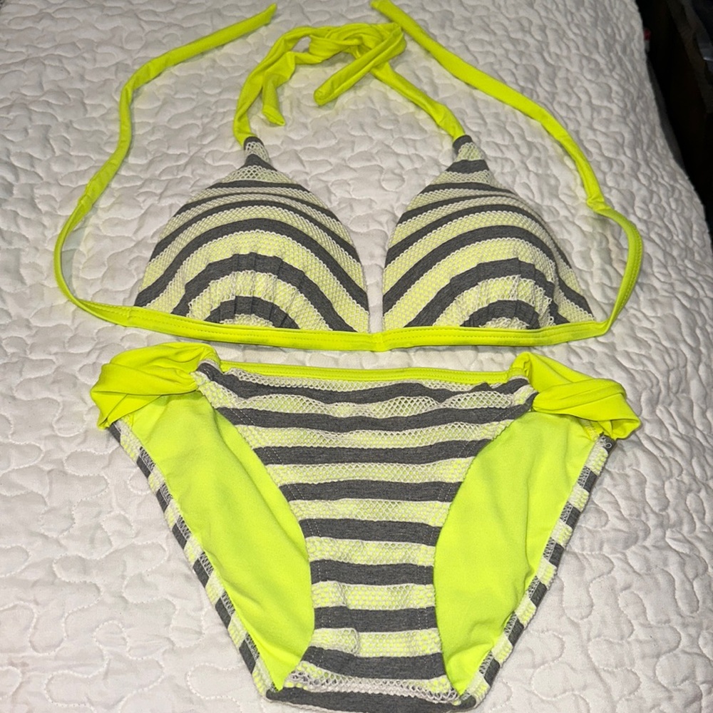 Youth bikini set. Neon yellow and light gray.